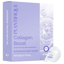 PLANTIFIQUE Korean Face Mask, 5-Pack with Collagen, Coenzyme Q10, Blueberries and Hyaluronic Acid - Hydrating & Firming Sheet Masks - Masque Visage All Skin Types