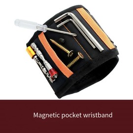 Magnetic Wristband for Screws 15 Powerful Magnets 5 Rows Nylon Wrist Magnet Wrist Band Magnetic Bracelet Tool Holder with Pockets for Holding Screws Nails Drilling Bits (Black, One size)