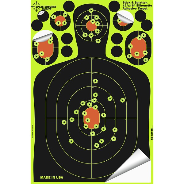Splatterburst Targets - 12 x18 inch - Stick & Splatter Adhesive Silhouette Shooting Target - Shots Burst Bright Fluorescent Yellow Upon Impact - Gun - Rifle - Pistol - Airsoft - Air Rifle (10 Pack)
