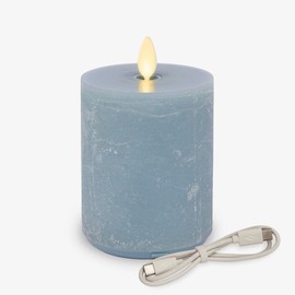 Luminara Seaglass Rechargeable Flameless LED Candle, Fog 3" x 4.5", Moving Flame Pillar Timer USB Type-C Charging Cable Unscented Real Wax