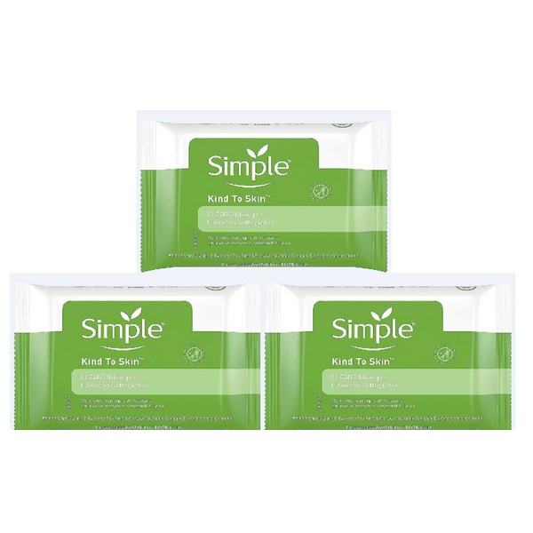3 packs Simple Cleansing Wipes Facial Unscented Kind to Skin Gentle 25 Count ea.