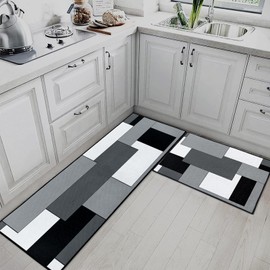 Tayney Black Grey Geometric Kitchen Rugs and Mats Non Skid Washable Set of 2, Checked Black Grey Kitchen Mats for Floor, Rustic Minimalist Kitchen Runner Rug Modern Abstract Kitchen Decor