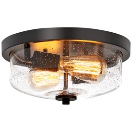 Flush Mount Ceiling Light with Seeded Glass Shade, Black Outdoor Porch Ceiling Light Fixtures 2-Light Farmhouse Outdoor Flush Mount Lights for Porch Ceiling, Hallway, Foyer, Entryway, Bathroom