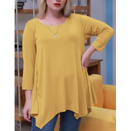 LARACE Plus Size Tops for Women 3/4 Sleeve Shirts Tunic Tops Loose Fit Basic Lady Clothes (2X, Yellow)