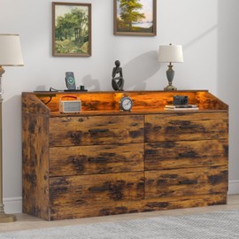 Gyfimoie 6 Drawer Dresser with Power Outlet, Chest of Drawers with LED Light, Modern Dresser with Open Storage Cubby, Double Wide Dressers Organizer for Bedroom, Living Room, Entryway, Hallway