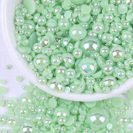 Flatback Pearls for Crafts, 50g Lt.Green AB Half Pearls for Crafts, Mixed Size 3/4/5/6/8/10mm Flatback Half Round Pearls Beads for Craft Tumbler Shoes Clothes Cup Projects Nail Face Art