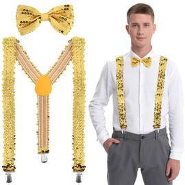 LQTSLFM Braces Glitter, 2 Pieces Sequin Braces with Glitter Bow Tie Set, Sequin Braces Y Clip, Bow Tie Sequins, Glitter Costume Men Women for New Year, Carnival, Performance, gold