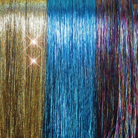 20" Hair Tinsel 300 Strands Three Amazing Colors (Sparkling Gold, Shiny Rainbow, Shiny Turquoise Blue)