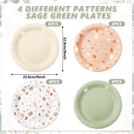 Whaline 24 Pcs Sage Green Paper Plates Solid Beige Brown Terrazzo Disposable Dinner Plates 4 Style Tableware For Spring Baby Shower Party Supplies Table Decor, 9 In