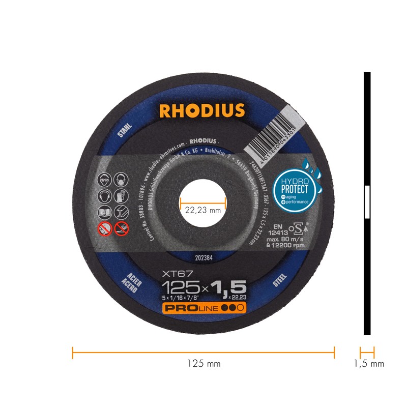 RHODIUS XT67 125x1.5x22 23mm Cutting Discs for Angle Grinder Flex