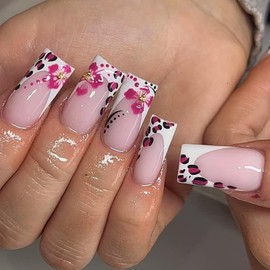 24Pcs Summer Press on Nails Medium Square Fake Nails Pink Hibiscus Flower with Rhinestones Designs Full Cover Leopard Stick on Nails White French Tip False Nails for Women Girls Acrylic Nail Art DIY