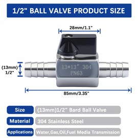 1/2″ Hose Barb Ball Valve, 304 Stainless Steel Mini Fuel Shut Off Valve,Heater Hose Shut Off Valve for Water Gas Fuel Drip Irrigation and Aquariums