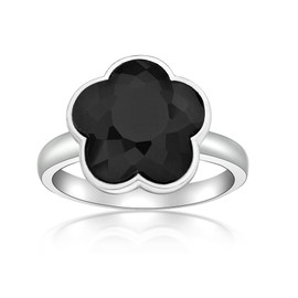 Lavari Jewelers Stylish Five Petal Flower Ring for Women - Elegant Black Onyx in 925 Sterling Silver - Hypoallergenic Rhodium Plated - Birthday Ring Size 8