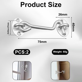 Daryunk 2PCS 3 Inch Hook and Eye Latch, 75mm Silver Gate Hooks Stainless Steel Cabin Hook, Hooks Eye Latch Door Lock, for Wooden Doors, Window Supports and Door Locks