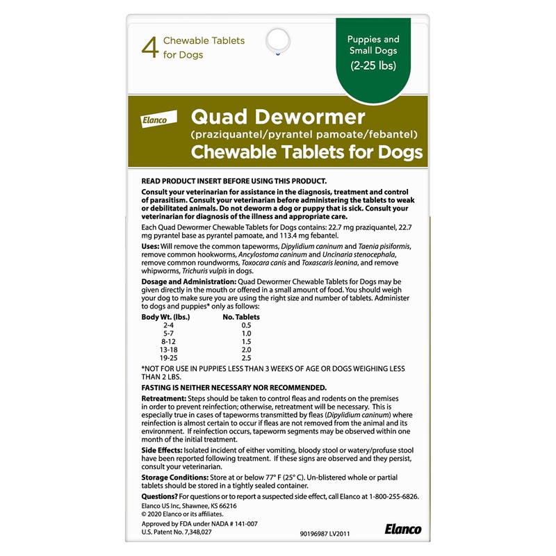 Elanco Chewable Quad Dewormer for Small Dogs, 2-25 lbs, 4
