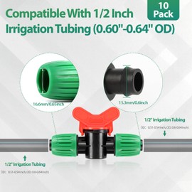 RedChili 10 Pcs 1/2 Inch Irrigation Tubing Shut Off Valve Fittings, (1/2" ID x0.6-0.65" OD) 16mm Drip Tubing Barbed Locked Nuts Connectors Anti-Drop 1/2" Inline Valve Parts for Irrigation System