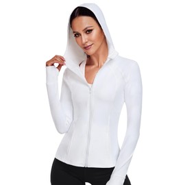Xyvolix Hooded Women's Athletic Full Zip Lightweight Workout Jacket with Pockets and Thumb Holes White