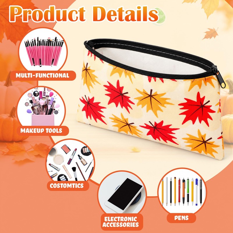 48 Pcs Fall Makeup Bags Bulk, Thanksgiving Canvas Cosmetic Pouch