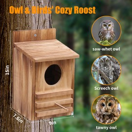Large Owl House Outdoor (15x9x7.6 in) - Carbonized Cedar Nesting Box w/Wood Shavings | Easy Assembly Wildlife Habitat for Gardens, Backyards