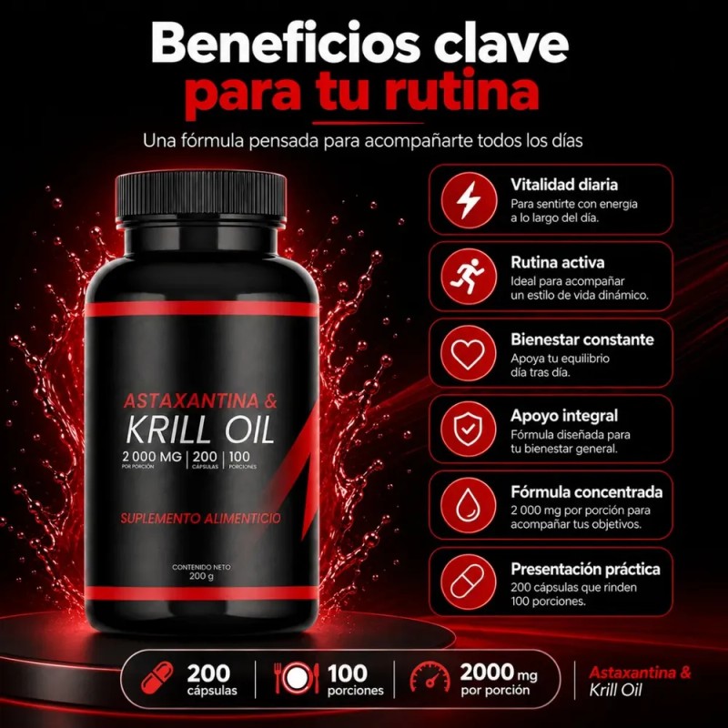 Krill Oil Y Astaxantina 2000 Mg Suplemento 200 Cápsulas