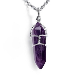 ArRord Natural Crystal Pendants Necklace Jewelry Charms Healing Pointed Chakra 4 Colors (Purple)