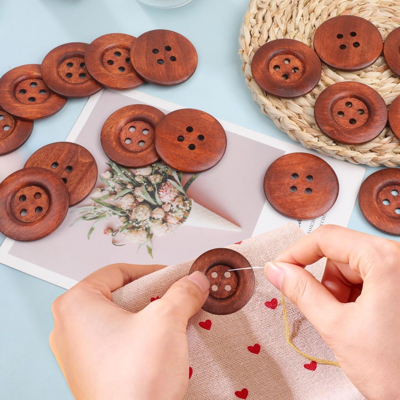 22pcs Brown Round Wood Buttons 4 Holes,Craft Buttons for Sewing