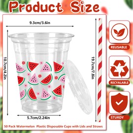 Whaline 50Pcs Watermelon Plastic Cups with Lids and Straws Red Pink Watermelon Flower Clear Plastic Cups 12oz Disposable Cups for Summer Party Supplies