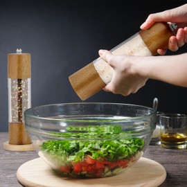 Relaxdays Salt and Pepper Mill Set of 2 Coasters, Ceramic Grinder, Wood & Acrylic, Manual Mills, Brown/Transparent