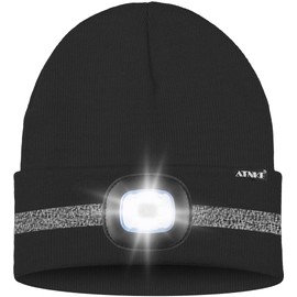 ATNKE LED Lighted Beanie Hat,USB Rechargeable 4 LED Run Headlamp with Reflective Stripe Cap Light Gift for Men and Women/#Black
