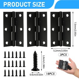 Premium 3 Inch (75mm) Matt Black Ball Bearing Hinges - Heavy-Duty Steel Door Hinges for Internal Wooden Doors, Smooth and Quiet Operation - Includes 18 Matching Screws (1.5 Pairs)