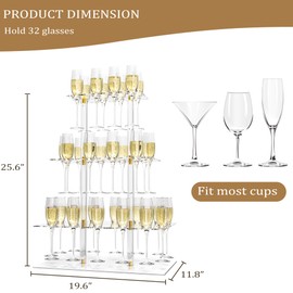 Champagne Display Holder Stand for Party With 32 Slots, 3 Tier Clear Acrylic Wine Glass Stemware Display Rack, Champagne Flute Wall Holder with Led Light for Party, Wedding, Measures 26" x 20" x 12"