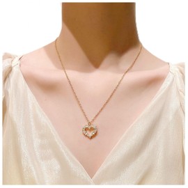 Pearl Heart Pendant Necklace Crystal Flower Love Heart Y-Shape Necklace Rhinestone Faux Pearl Beads Jewelry for Women Girls (Gold B)