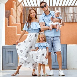 PopReal Family Matching Outfits Mommy and Me Dresses Floral Printed Men Boy Shirt Girl Romper