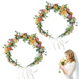 dinghaole 2Pcs Rose Flower Crown, Floral Wreath Headband, Wedding Bridal Headpiece Hawaiian Party Accessories, Bohemian Style Headdress for Fun Day Out Bridal Headwear Party Festivals Hair Accessories
