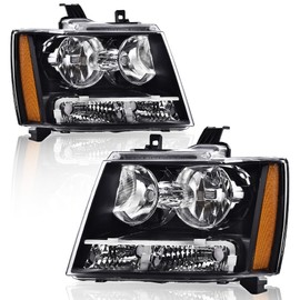 GRAND ORANGE Headlights Assembly Compatible with 2007-2014 Chevy Suburban Tahoe/Fit for 07-13 Chevy Avalanche Headlamps Driver & Passenger Side Clear lens Black Housing Amber Reflector GM2503263