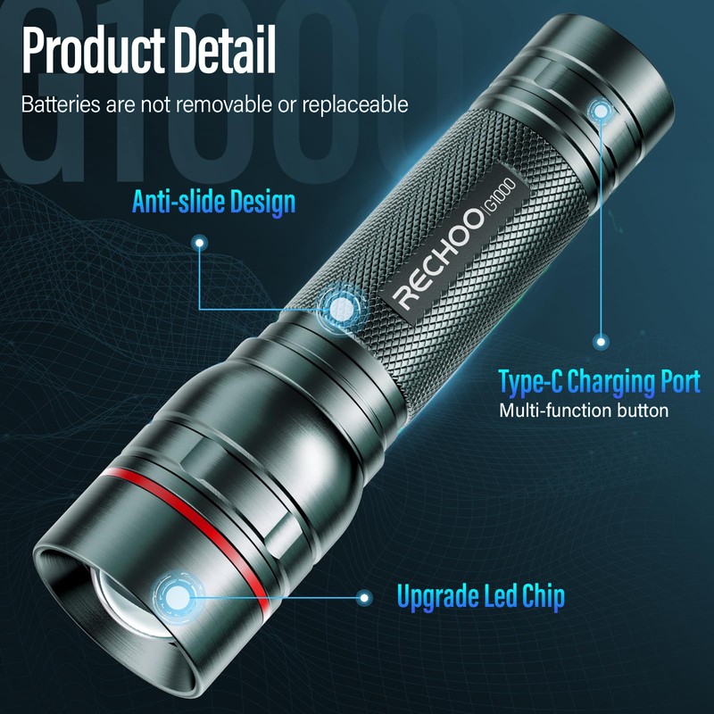 Rechargeable Flashlights High Lumens, G1000 Super Bright Flash Light Grey,