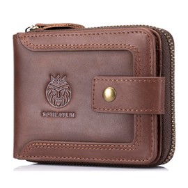 SCHLATUM Genuine Leather Zipper Wallet for Men RFID Blocking Large Capacity Vintage Wallet with Coin Pocket ID Window, Coffee