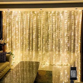 Vigdur Led Curtain String Lights, 2 Packs 8FT Window Fairy Lights for Bedroom with 210 Warm LEDs, Hanging Twinkle Indoor String Light for Party Wedding Garden Wall Decor(8 * 7ft)