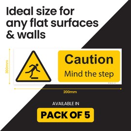 RDLCAR Mind The Steps Sign, Safety Caution - Hazard Warning Message, Watch Your Steps Notice - Easy Installation and Ready to Use, 100mm x 300mm - Pack of 5