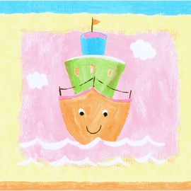 Concord Wallcoverings Wallpaper Border Kids Pattern Faux Painted Train Ship Plane in Squares for Nursery Room Kid's Bedroom Playroom, Yellow Pink Orange Green Blue, 15 Feet by 7 Inches ‎YL10212B