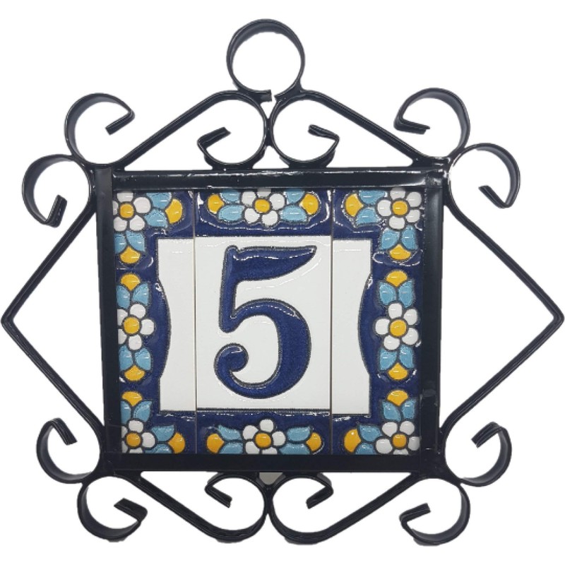 Ceramic House Tile Numbers & Letters, Blue Floral Design, Tile