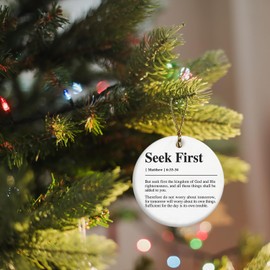 ignytiger Christian Ornaments for Christmas Tree, Matthew 6:33-34 Seek First Christian Bible Verses Ceramic Ornament Keepsake Sign Plaque, Christian Religious Christmas Ornaments