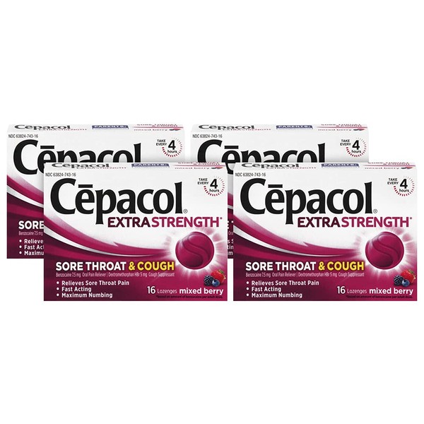 Cepacol Extra Strength Sore Throat & Cough Relief Lozenges, 16 Count, Mixed Berry Flavor, Maximum Numbing, Fast Acting Relieves Sore Throat Pain, and Quiets Cough (Pack of 4)