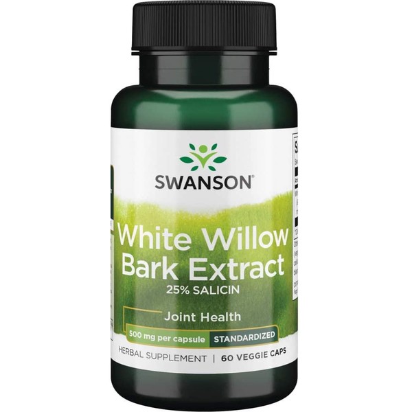 Swanson Maximum Strength White Willow Bark Extract-Promotes Joint Support & Muscle Relief-Standardized to 25% Salicin-Natural Supplement with No Stomach Irritation (60 Veggie Caps, 500mg Each)