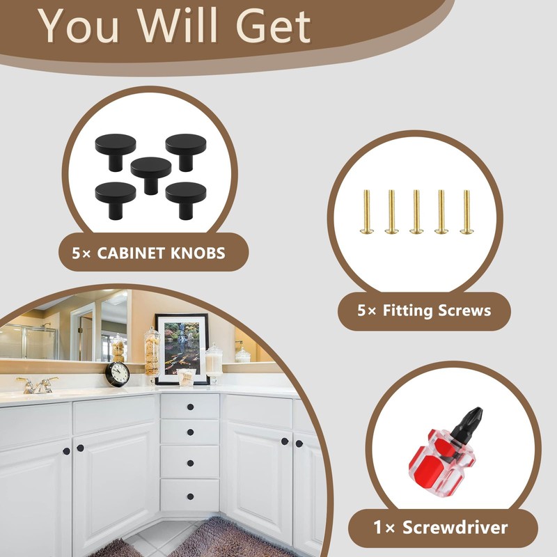 5 Pcs 30mm Round Cabinet Knobs Equipped with Screws and