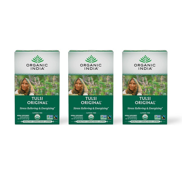 Organic India Tulsi Original Herbal Tea - Holy Basil, Stress Relieving & Energizing, Immune Support, Adaptogen, Vegan, USDA Certified Organic, Non-GMO, Caffeine-Free - 18 Infusion Bags, 3 Pack