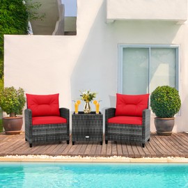 RELAX4LIFE Wicker Patio Furniture Sets - 3 Pieces Rattan Sofa Set, Outdoor Conversation Set with Tempered Glass Tabletop, Heavy-Duty Steel Frame, Wicker Chair Set for Poolside, Backyard (Grey-Red)