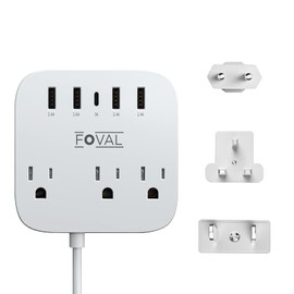 European Travel Plug Adapter, FOVAL EU UK US Power Strip with USB C and 4 USB Ports, 3 AC Outlets, Wall Mountable, 5ft Extension Cord, Compact for Travel, Cruise Ship, Home Office (White)