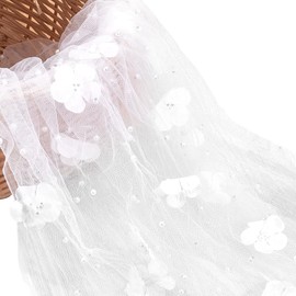 CABODYALS 1 Yard White 3D Floral Embroidered Mesh Fabric Faux Pearls Sheer Tulle Romantic Nylon Flowers Applique Embroidery Gauze Cloth for Adult Sewing Making Wedding Bridal Decor Gifts Wrapping DIY