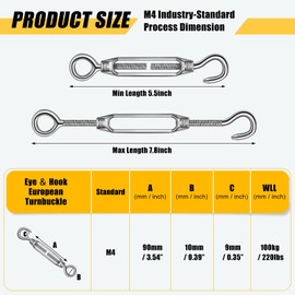Chumia 16 Pcs M6/5/4 Hook and Eye Turnbuckle 304 Stainless Steel Turnbuckles for Cables Wire Rope Tension for DIY String Light Picture Hanging Fence Gate Wire Tent Rope (Silver,M6)
